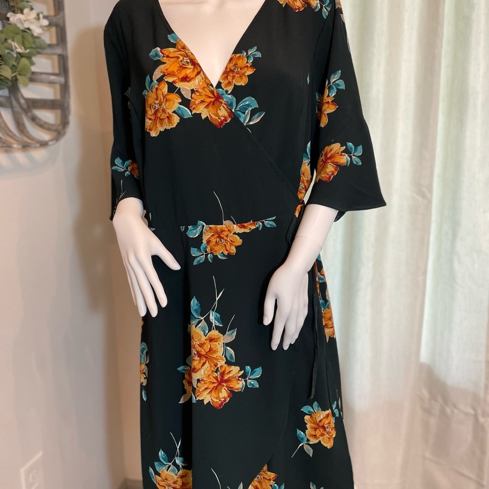 Charming Charlie Floral Wrap Dress - Dark Green and Orange Floral